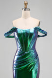 Metallic Emerald Green Off the Shoulder Mermaid Corset Ruched Long Prom Dress with Side Slit