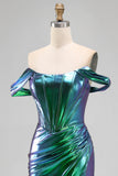 Metallic Emerald Green Off the Shoulder Mermaid Corset Ruched Long Prom Dress with Side Slit