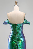 Metallic Emerald Green Off the Shoulder Mermaid Corset Ruched Long Prom Dress with Side Slit