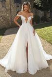 Ivory A Line Tulle Off the Shoulder Applliqued Wedding Dress with Slit