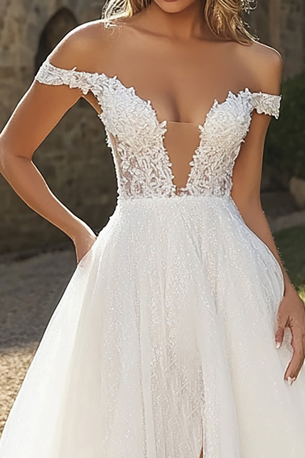 Ivory A Line Tulle Off the Shoulder Applliqued Wedding Dress with Slit