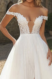 Ivory A Line Tulle Off the Shoulder Applliqued Wedding Dress with Slit