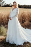 Timeless A Line V Neck Lace Long Sleeve Ivory Wedding Dress