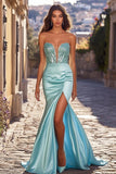 Chic Blue Deep-V Sheath Slit Long Prom Dress with Beading