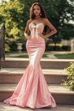 Chic Blush Satin Mermaid Sweetheart Long Prom Dress with Embroidery