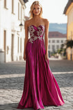 Chic Fuchsia Strapless Sweetheart Pleated Long Prom Dress with Embroidery