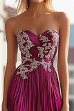 Chic Fuchsia Strapless Sweetheart Pleated Long Prom Dress with Embroidery