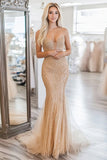 Sparkly Gold Strapless Sheath Sequined Long Prom Dress with Appliques