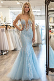 Elegant Sky Blue Sweetheart Mermaid Tulle Long Prom Dress With Appliques