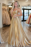 Chic Gold A Line Deep-V Satin Pleated Long Prom Dress