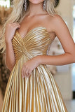 Chic Gold A Line Deep-V Satin Pleated Long Prom Dress