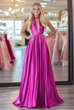 Chic Fuchsia A Line Halter Neck Satin Long Prom Dress