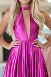 Chic Fuchsia A Line Halter Neck Satin Long Prom Dress