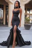 Chic Black Spaghetti Straps Mermaid Satin Ruffled Long Prom Dress with a Scarf