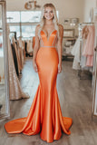 Chic Orange Mermaid Strapless Long Prom Dress with Beading