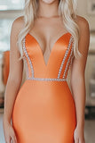 Chic Orange Mermaid Strapless Long Prom Dress with Beading