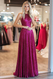 Sparkly Fuchsia Halter A Line Metallic Satin Long Prom Dress with Pleats