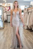 Sparkly Silver Mermaid Sequin Long Prom Dress with Slit