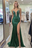 Sparkly Spaghetti Straps Dark Green Mermaid Sequin Prom Dress with Slit