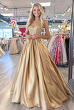 Sparkly Golden A Line Sweetheart Satin Long Prom Dress with Pleats