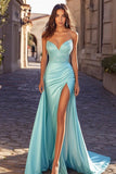 Sparkly Blue Sweetheart Mermaid Satin Long Prom Dress with Slit