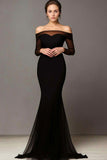 Chic Black Mermaid Off The Shoulder Long Prom Dress with Long Sleeves