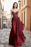 Burgundy Sweetheart A Line Satin Ruched Long Prom Dress with Embroidery