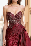 Burgundy Sweetheart A Line Satin Ruched Long Prom Dress with Embroidery