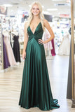 Chic Dark Green V-Neck A Line Satin Long Prom Dress