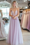 Light Purple A Line Tulle Spaghetti Straps Long Prom Dress with Lace Appliques