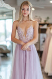 Light Purple A Line Tulle Spaghetti Straps Long Prom Dress with Lace Appliques