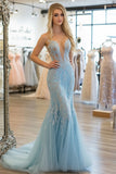 Sky Blue Sweetheart Mermaid Tulle Long Prom Dress with Appliques