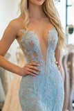 Sky Blue Sweetheart Mermaid Tulle Long Prom Dress with Appliques