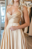 Chic Gold Sweetheart A-Line Ruched Satin Long Prom Dress