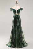 Chic Dark Green Off the Shoulder Mermaid Sequin Long Prom Dress with Embroidery