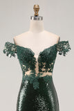 Chic Dark Green Off the Shoulder Mermaid Sequin Long Prom Dress with Embroidery