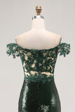Chic Dark Green Off the Shoulder Mermaid Sequin Long Prom Dress with Embroidery
