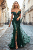 Chic Dark Green Off the Shoulder Mermaid Sequin Long Prom Dress with Embroidery