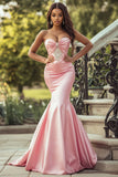 Chic Blush Sweetheart Mermaid Satin Long Prom Dress with Beading