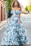 Elegant Blue Off the Shoulder Ball Gown Organze Long Prom Dress with Ruffles