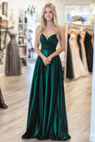 Chic Dark Green Sweetheart A-Line Satin Long Prom Dress with Pleats