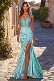 Sexy Blue Sweetheart Sheath Beaded Satin Long Prom Dress with Slit