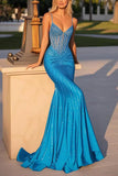 Sparkly Blue Spaghetti Straps Mermaid Beaded Long Prom Dress