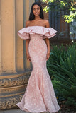 Mermaid Blush Off the Shoulder Appliqued Long Prom Dress