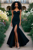 Black Spaghetti Straps Mermaid Satin Long Corset Prom Dress with Slit