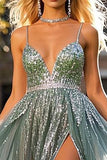 A Line Dusty Blue Spaghetti Straps Beaded Tulle Long Prom Dress with Slit