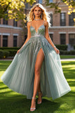 A Line Dusty Blue Spaghetti Straps Beaded Tulle Long Prom Dress with Slit