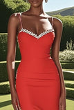 Satin Red Sheath Sleeveless Beaded Long Prom Dress