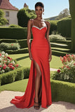 Satin Red Sheath Sleeveless Beaded Long Prom Dress