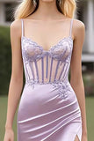 Lilac Spaghetti Straps Sheath Satin Ruched Long Corset Prom Dress with Slit